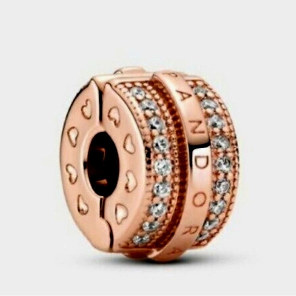 Authentic NEW Pandora Sparkling Pavé Lines & Logo Clip Charm 14KRGP CZ